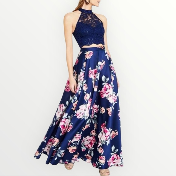 CITY STUDIO Juniors Lace Top & Floral 2-Piece Gown Prom Dress - Picture 1 of 7